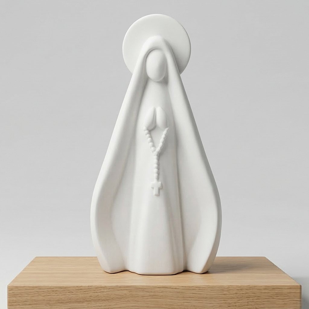 Estátua Nossa Senhora Aparecida 3D Minimalista Branca com Terço - 15cm / 20cm