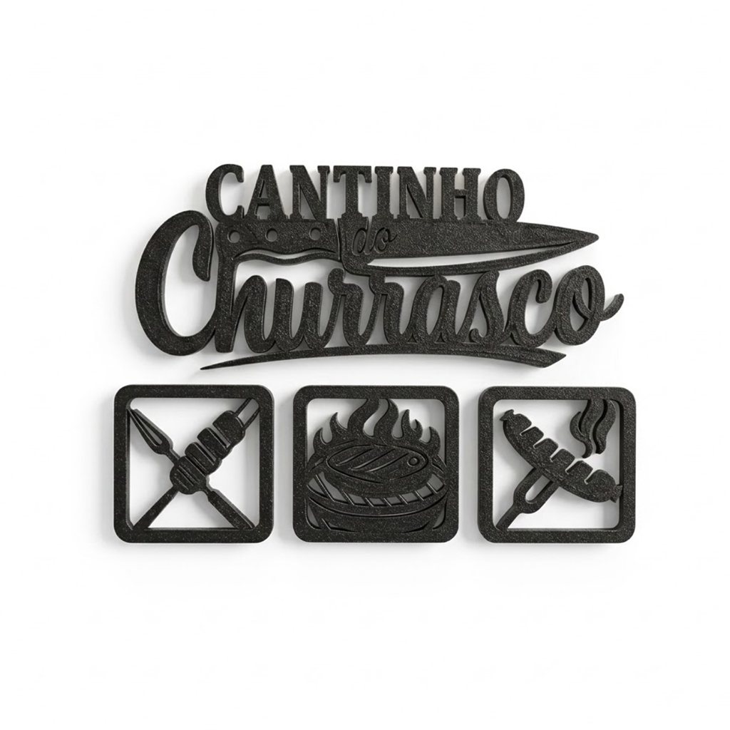 Letreiro Decorativo Cantinho do Churrasco 3D Preto + 3 Quadros - Área Gourmet / Churrasqueira