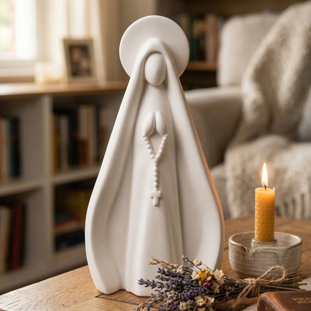 Foto 2 de Estátua Nossa Senhora Aparecida 3D Minimalista Branca com Terço - 15cm / 20cm