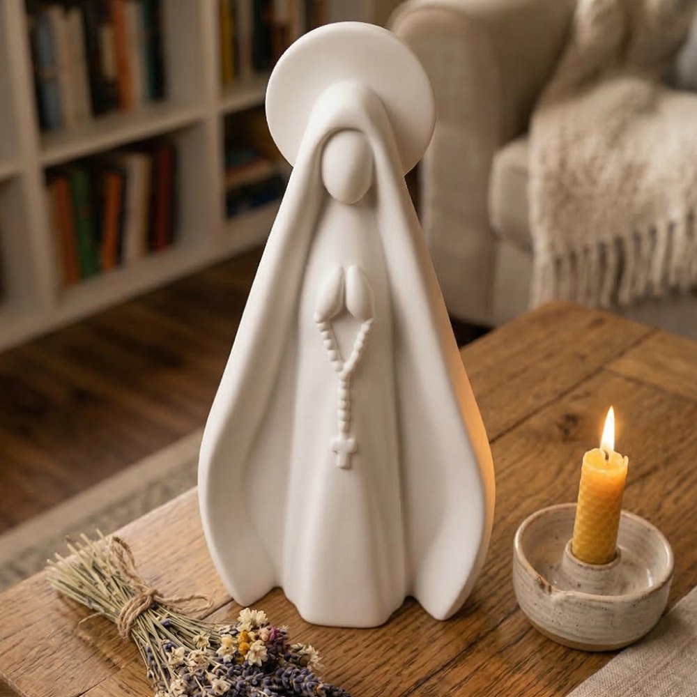 Foto 3 de Estátua Nossa Senhora Aparecida 3D Minimalista Branca com Terço - 15cm / 20cm
