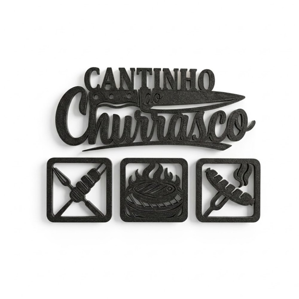 Letreiro Decorativo Cantinho do Churrasco 3D Preto + 3 Quadros - Área Gourmet / Churrasqueira