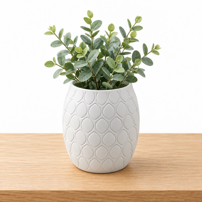 Vaso Decorativo Folhas em Relevo Branco Fosco 9cm - Impressão 3D